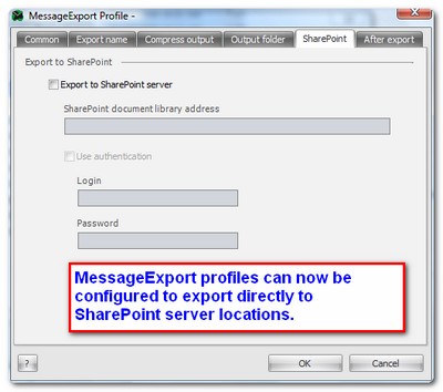 MessageExport profile settings for connecting to SharePoint server.
