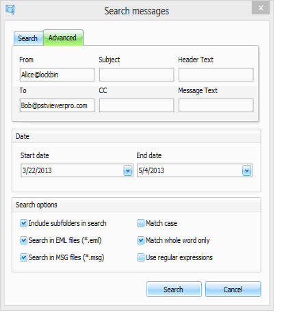 Screen shot of PstViewer Pro™'s advanced email search form. Search email using email fields or by date range. Operators shown include match case, match whole word, use regular expressions.