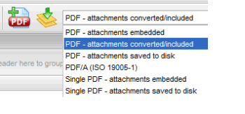 Screen shot showing MailDex's email conversion profiles. 'PDF attachments converted' is highlighted. Convert emails from Mbox to PDF.