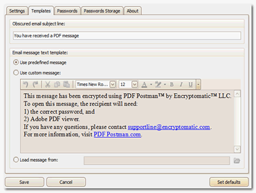 Screen image of PDF Postman's Template page. Customize the message in encrypted PDF messages.