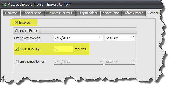 Configuration screen for MessageExport, the Outlook export scheduler.