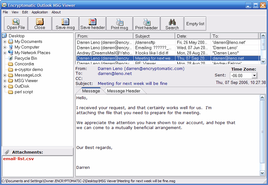 Screenshot of Outlook MSG File Viewer and Attachment E