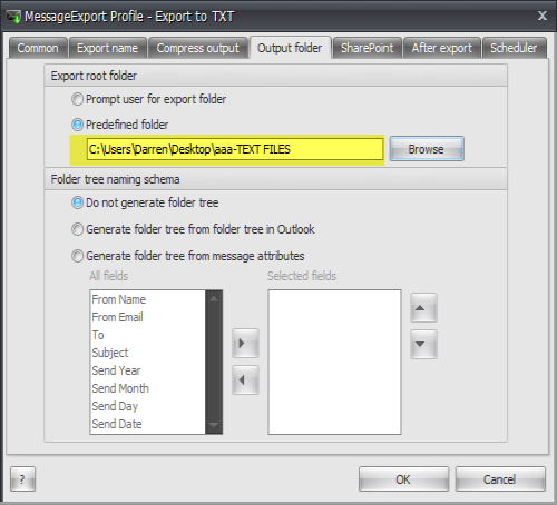 Selecting email export taget folder.