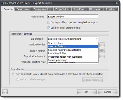 Convert Outlook .pst to MBOX. MessageExport mbox settings.