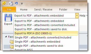 Screen shot showing how to select Export to PDF operations in Outlook