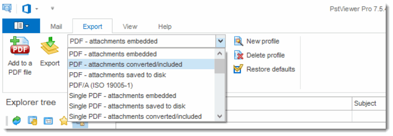 Outlook Pst e-mail to Pdf conversion options in Pst Viewer Pro.