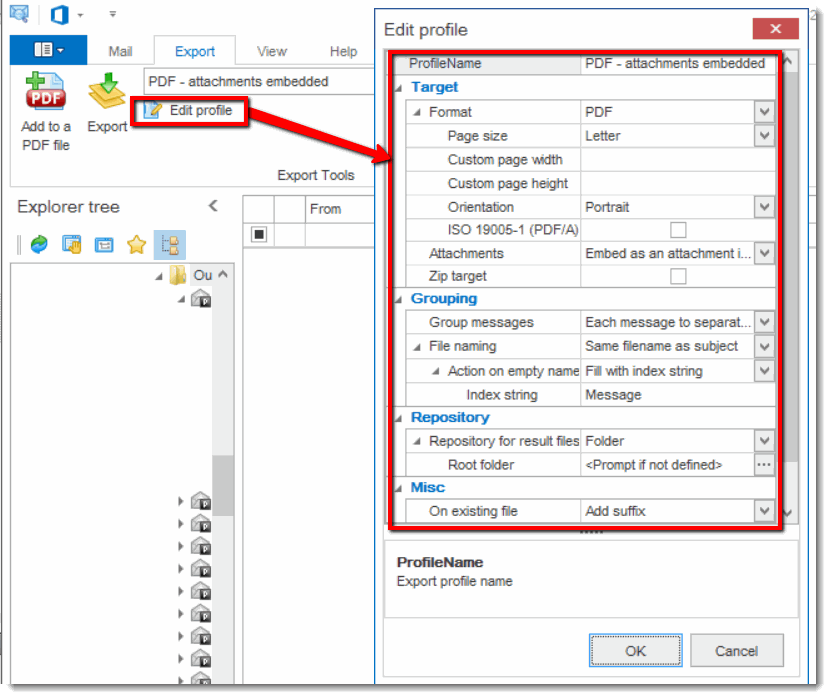 Advanced settings for e-Mail to PDF conversion profile.