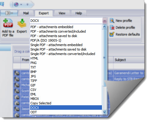 Screen image showing DOCX option in PstViewer Pro. This image shows how to select DOCX from the drop down list.