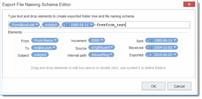 Advanced settings for naming PDF documents created from Outlook e-Mails.