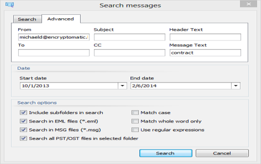 Search Outlook .Pst, .Ost, .Msg or .Eml E-mails.