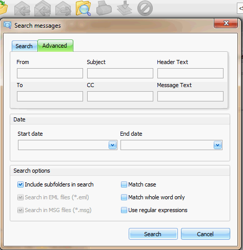 Screen shot of MailDex advance EML file search