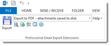 MessageExport add-on converts Outlook email to PDF. Toolbar in Outlook 2016 shows 'export to pdf' selected.