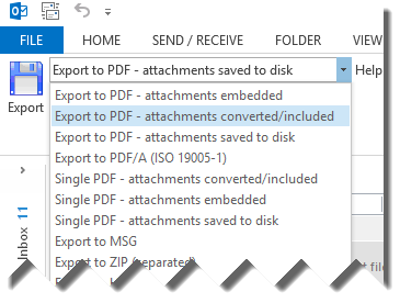 Screen shot showing how to select e-mails in Microsoft Outlook for export through MessageExport add-in.