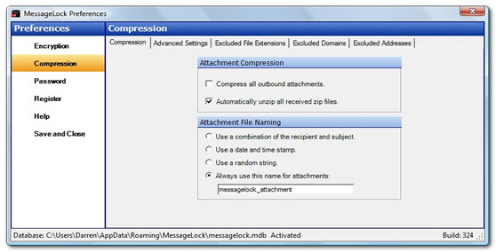 MessageLock options screenshot, showing settings for Outlook attachment naming.