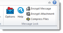 MessageLock toolbar. Text reads, Options, Help, Encrypt Message, Encrypt Attachments, Compress Files.