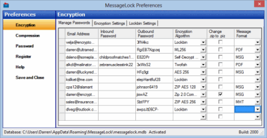 MessageLock adon for Outlook, showing the password storage.