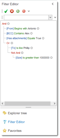 Screen image of PstViewer Pro's email filter. It shows constructors thta include AND and OR oand NOT AND. A sample constructor shows From field, BCC, Has Attachments,  OR is like Phillip, AND size is greater than amount. Search Outlook emails without Outlook installed.