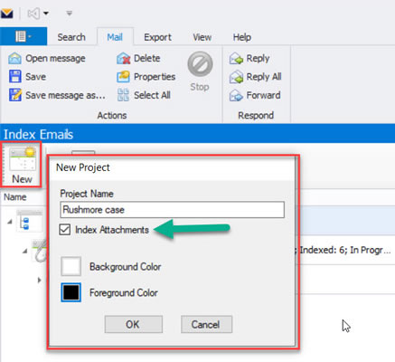 Screen imaging showing the location of email file indexing option in MailDex software.