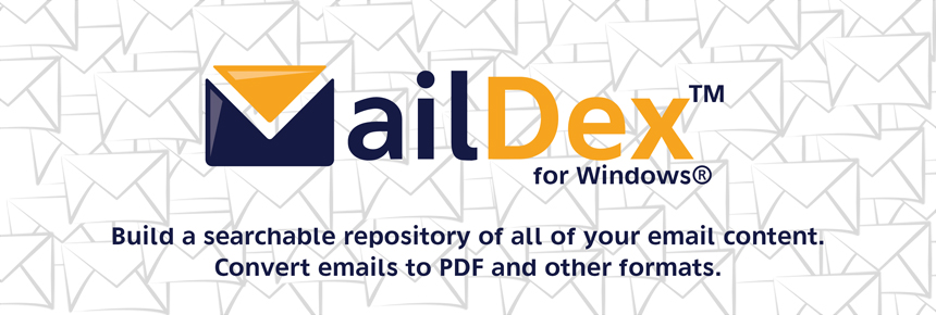MailDex logo and text reading, 'build a searchable repository of all your email content. Convert emails to PDF and other formats.'