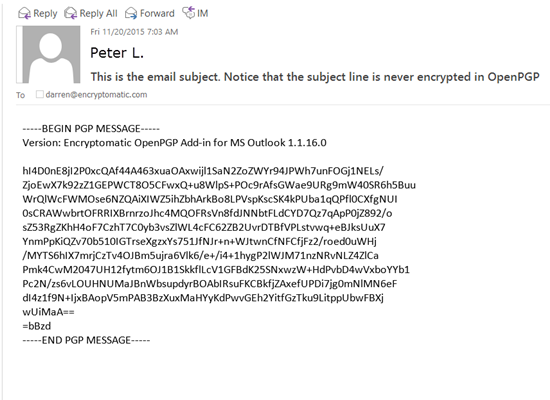 An email message that has been encrypted with  OpenPGP.