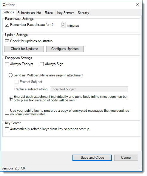 Outlook OpenPGP Add-in Options Screen image.