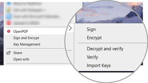 Screen shot showing OpenPGP integrated with Windows desktop right click context menu. Capabilities incude Sign and Encrypt, and Key Management..